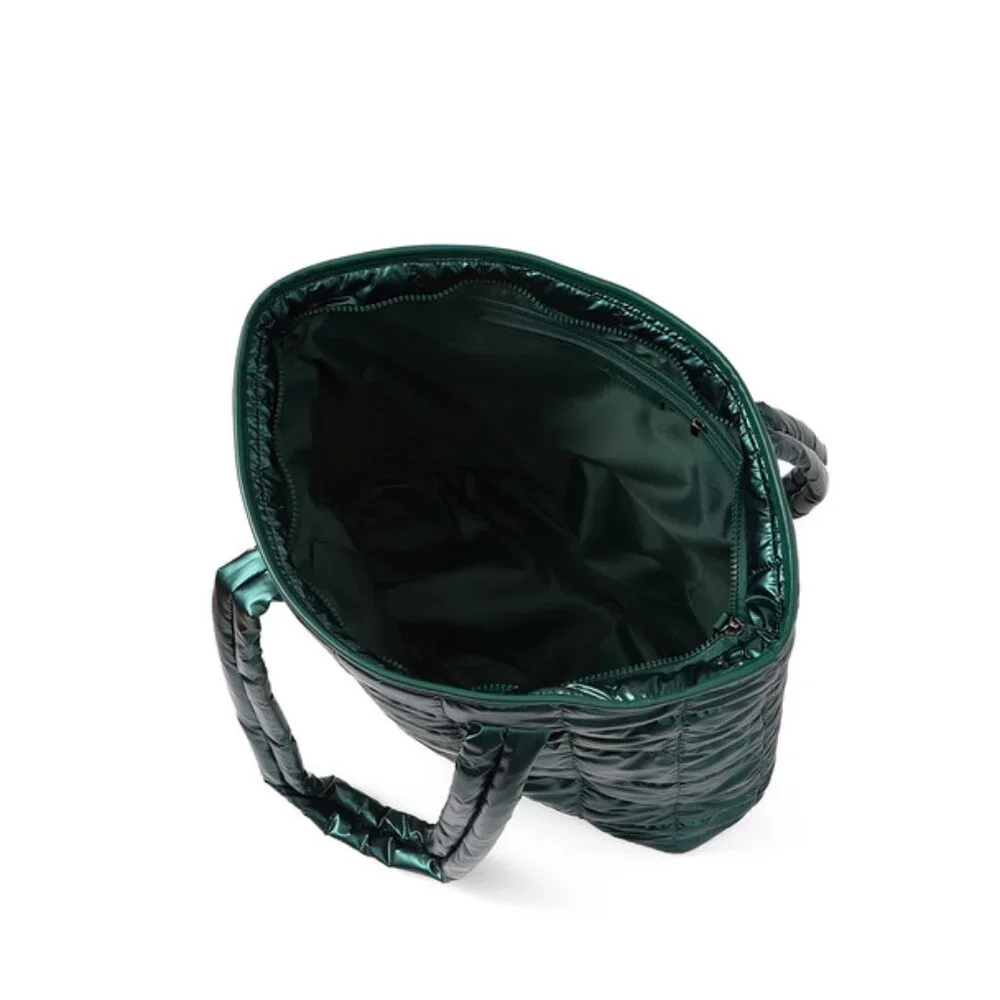 Quilted Puffer Tote - Shiny Deep Green - Double Handle- XL- Lightweight -NWT